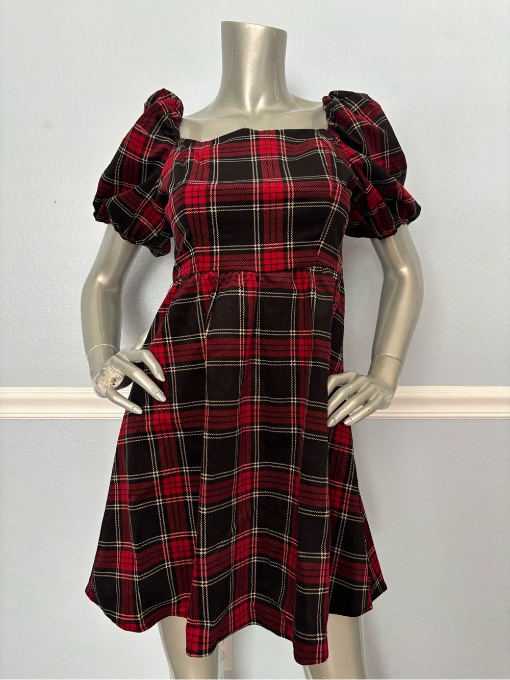 Copper Key Dress NWT Velvet Plaid Mini Puff Sleeve Small S